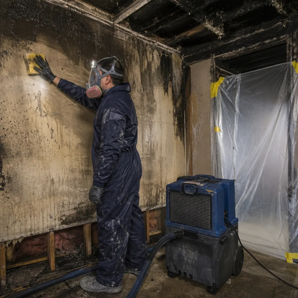 Professional technician performing fire and smoke damage restoration on interior walls
