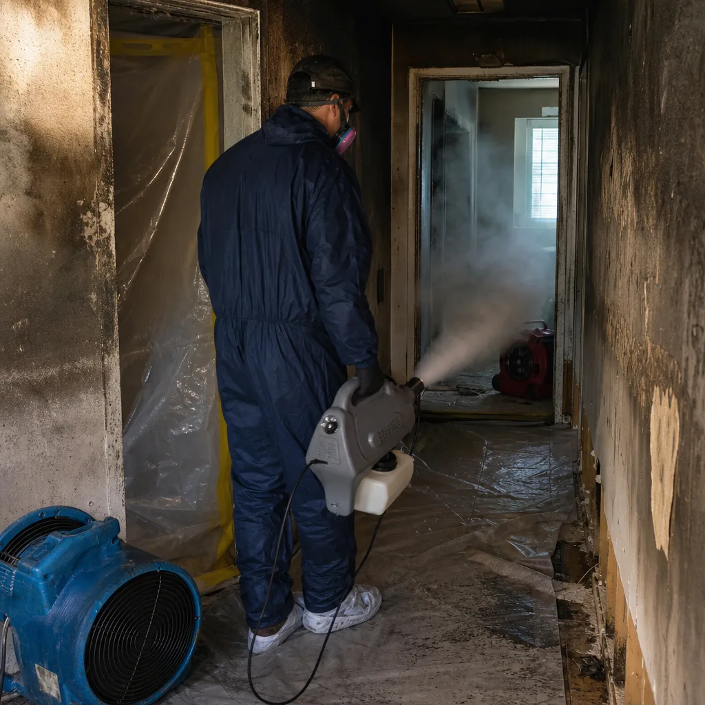 Technician performing professional fire and smoke damage restoration and deodorization
