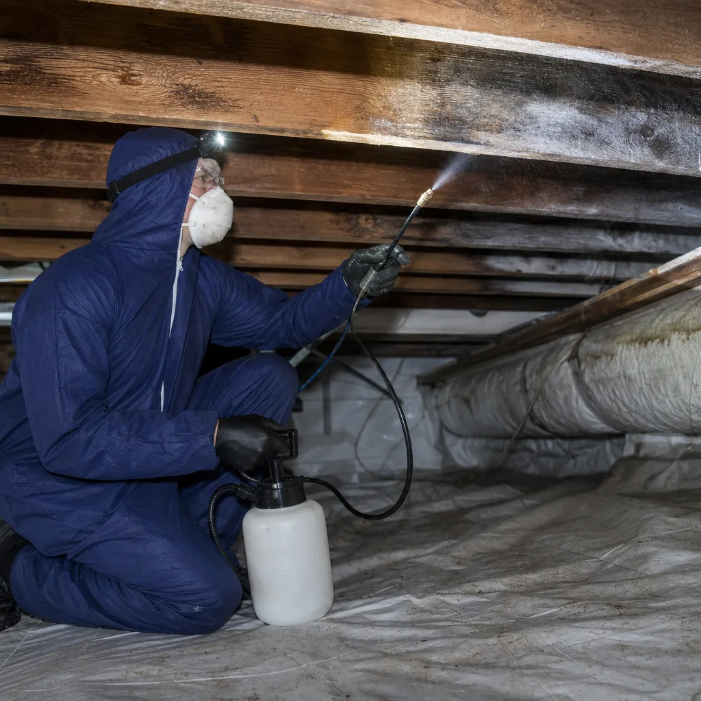 Professional technician performing mold remediation in a crawl space