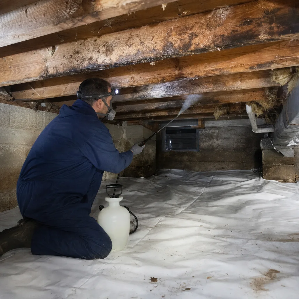 Technician performing professional crawlspace mold remediation and wood treatment