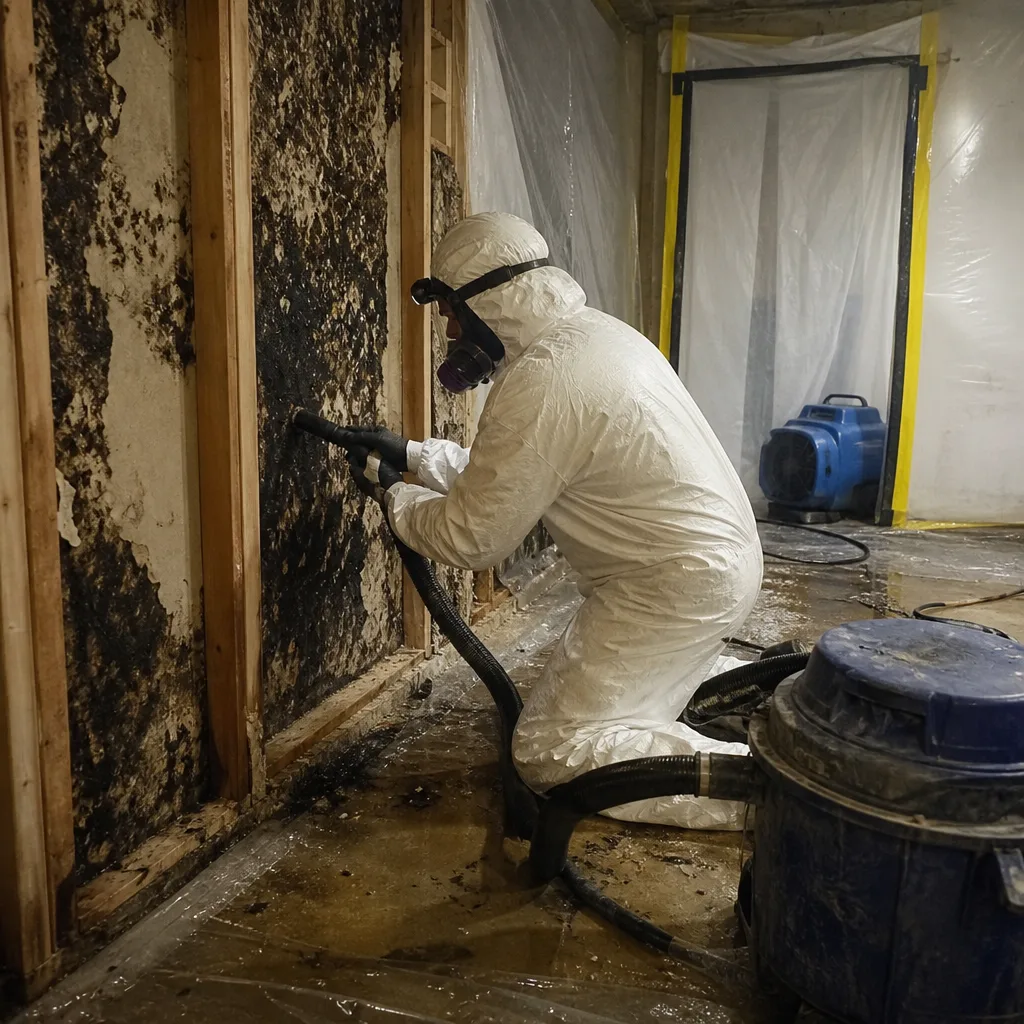 Technician in protective suit performing professional mold remediation on damaged wall.