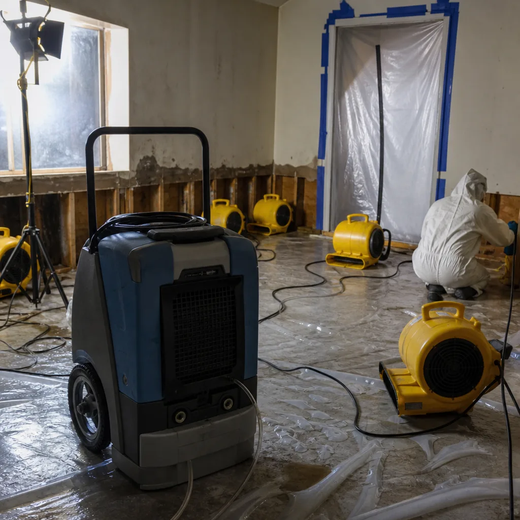 Water damage restoration professional using industrial drying equipment in a damaged room.